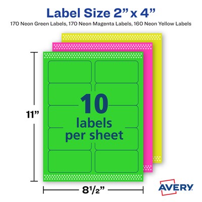 Avery Sure Feed Laser Shipping Labels, 2"x 4", Neon Assorted, 10 Labels/Sheet, 50 Sheets/Box (5956)