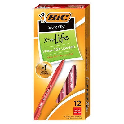 BIC Round Stic Xtra Life Ballpoint Pens, Medium Point (1.0mm), Red Ink, Dozen (GSM11RD) | Quill