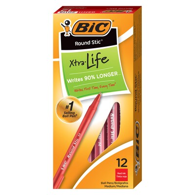 BIC Round Stic Xtra Life Ballpoint Pens, Medium Point (1.0mm), Red Ink, Dozen (GSM11RD) | Quill