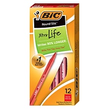 BIC Round Stic Xtra Life Ballpoint Pens, Medium Point (1.0mm), Red Ink, Dozen (GSM11RD)