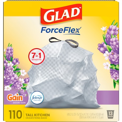 Glad ForceFlex Tall 13 Gallon Drawstring Kitchen Trash Bag, Gain Lavender with Febreze Freshness, White, 110 Total Bags (79157)