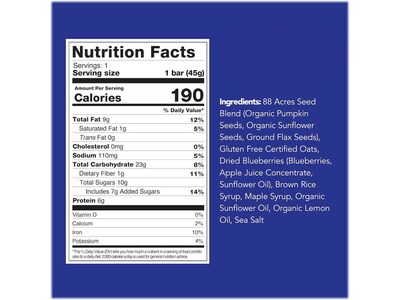 88 Acres Warm 'N' Chewy Gluten-Free Blueberry/Lemon Seed and Oat Bar, 1.6 oz., 9 Bars/Box (315104)