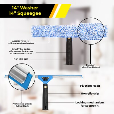 Gritt Commercial Pro Window  Cleaning Kit with 14" Squeegee, 14" Washer, 20" Pole and 3 Gallon Heavy-Duty Bucket (GRI138B)