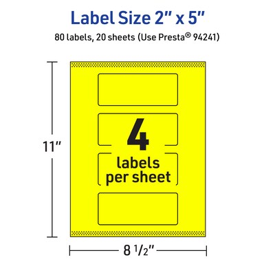 Avery Laser/Inkjet Multipurpose Rectangle Labels, 2" x 5", Neon Yellow, 80/Pack (94241)