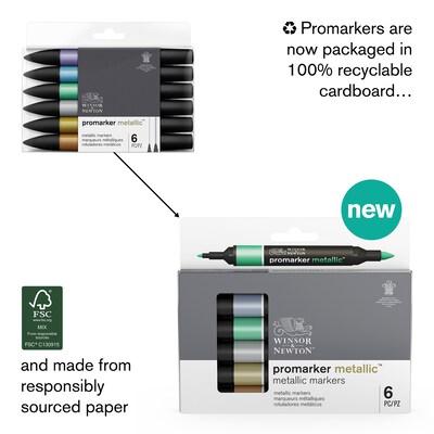 Winsor & Newton Promarker Dual-Tip Alcohol Based Marker, Metallic Colors, 6/Pack (WNX0290135)