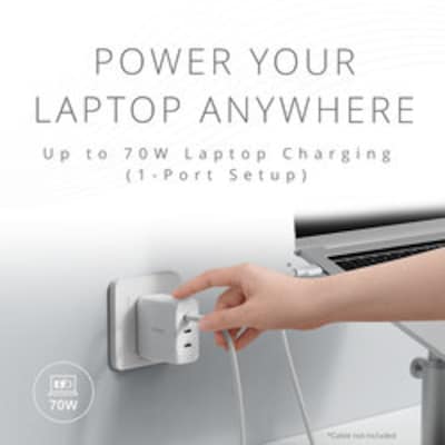 Kensington 70W 3-Port USB-C GaN Charger for Laptops & Mobile Devices, White (K38101NA)