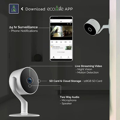 eco4life Wi-Fi FHD Smart IP Security Camera, White (SC-RIPC-8C)