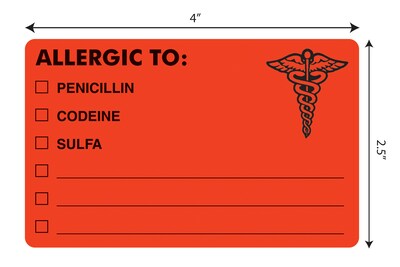 Tabbies "ALLERGIC TO:" Medical Labels, 2 1/2" x 4", Fluorescent Red, 100/Roll (TAB00488)