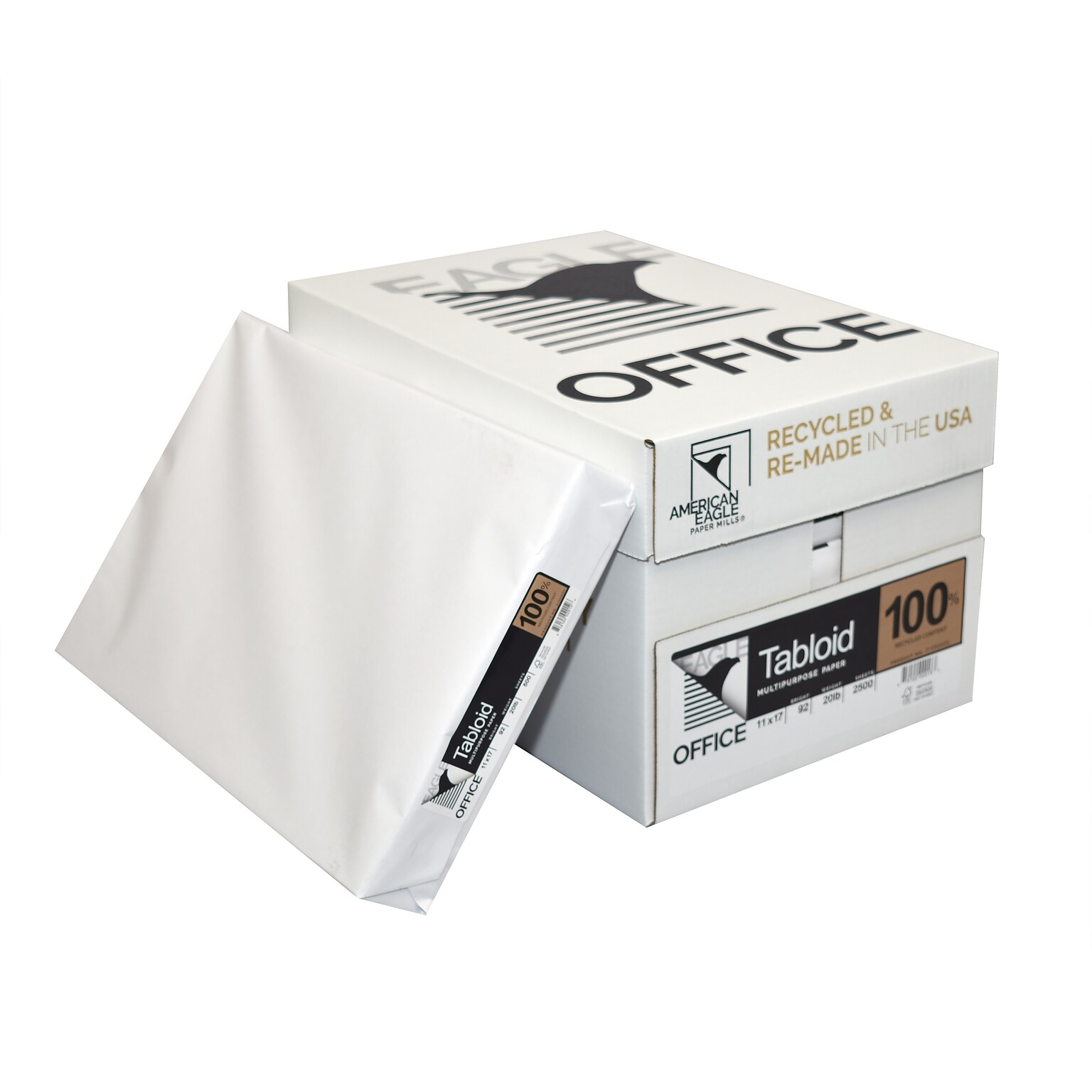 American Eagle Office 100% Recycled 11 x 17 Multipurpose Paper, 20 lbs., 92 Brightness, White, 500/Ream, 5 Reams/Carton