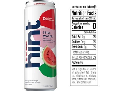 Hint Watermelon Flavored Purified Water, 12 fl. oz., 12 Cans/Pack (HINT-WMCAN-12)