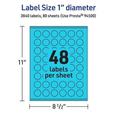 Avery Laser/Inkjet Multipurpose Circle Labels, 1" Dia., Bright Blue, 3840/Box (94500)