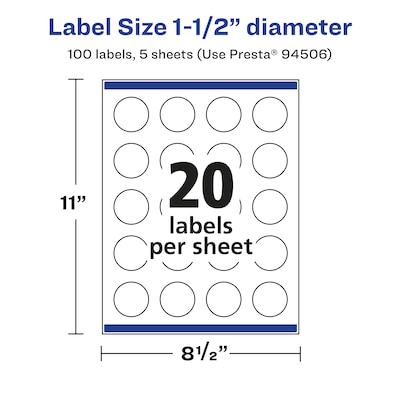 Avery Laser/Inkjet  Round Multipurpose Labels, 1.5" Dia., White, 100 Labels/Pack (94506)