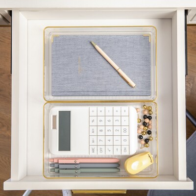 Martha Stewart Kerry Plastic Stackable Office Desk Drawer Organizer, Clear/Gold, 3/Set (BEPB8974G3CGD)