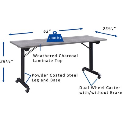Lorell 63"W x 24"D Mobile Folding Training Table, Laminate, With Wheels, Weathered Charcoal (LLR60736)