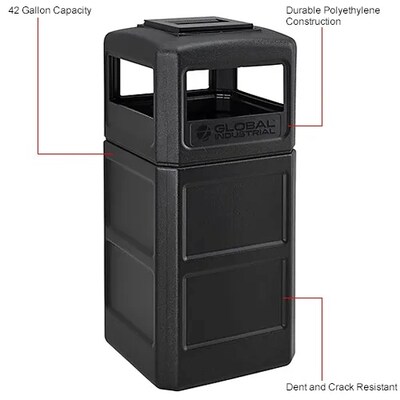 Global Industrial Square Plastic Waste Receptacle w/ Ashtray Lid, 42 Gallon, Black (641540BK)