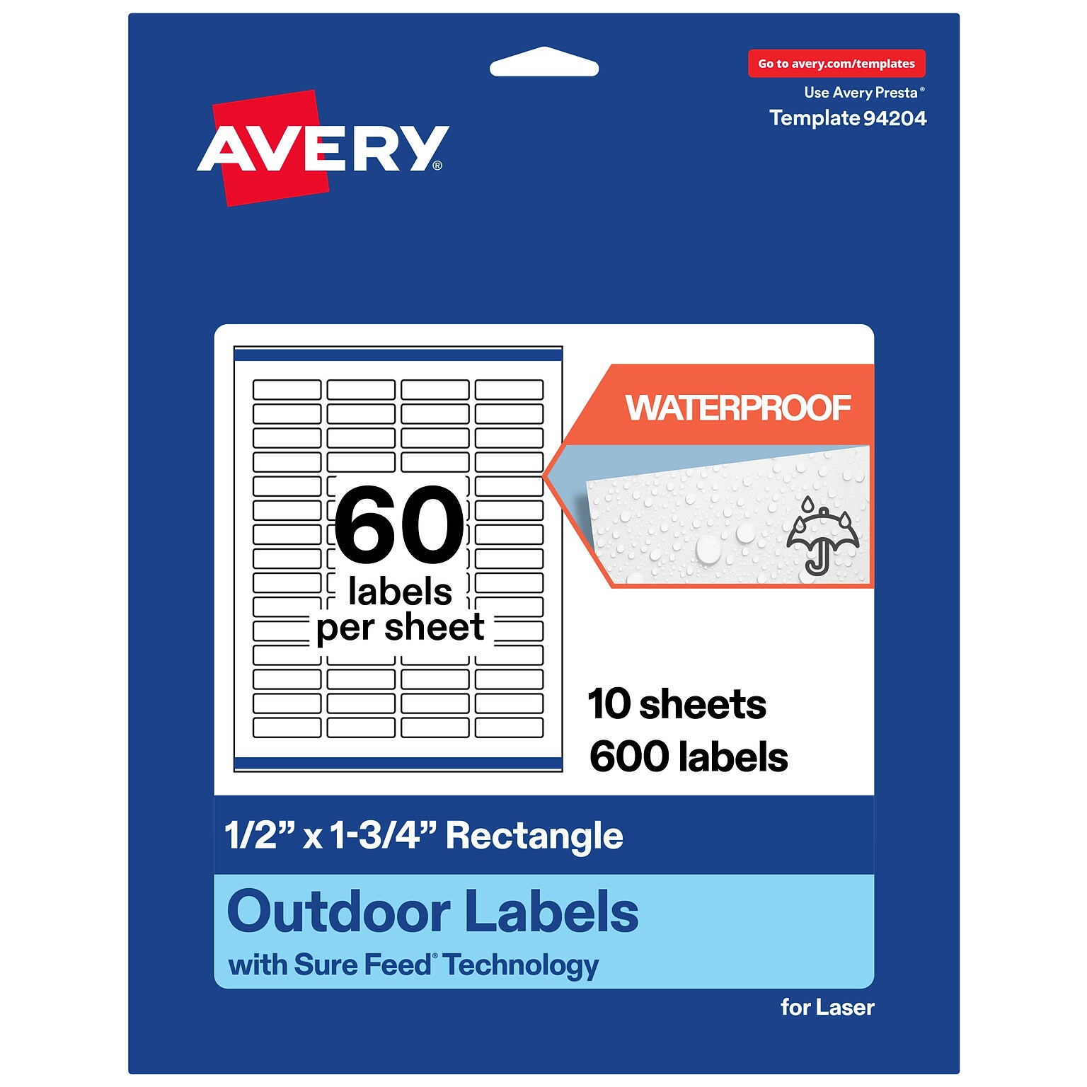 Avery Waterproof Rectangle Laser Multipurpose Labels, 0.5 x 1.75, White, 600/Pack (19479399208)