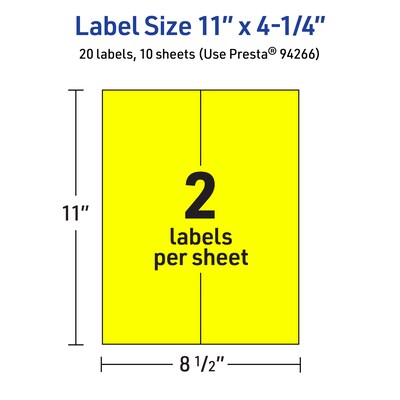 Avery Laser/Inkjet Rectangle Multipurpose Labels, 11" x 4.25", Neon Yellow, 20/Pack (94266)