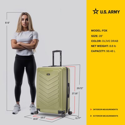 US Army FOX 28" Hardside Suitcase, 4-Wheeled Spinner, TSA Checkpoint Friendly, Olive Drab (USLFOX00L-GRN)