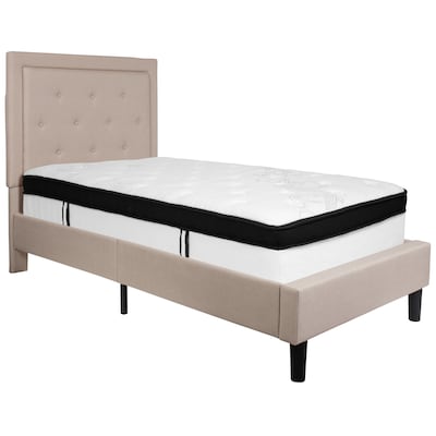 Flash Furniture Roxbury Tufted Upholstered Platform Bed in Beige Fabric with Memory Foam Mattress, T