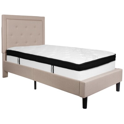 Flash Furniture Roxbury Tufted Upholstered Platform Bed in Beige Fabric with Memory Foam Mattress, T