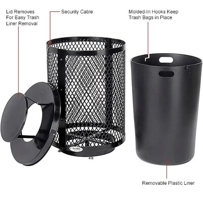 Global Industrial Outdoor Diamond Steel Trash Can w/ Rain Bonnet Lid & Base, 36 Gallon, Black (261926BKD)