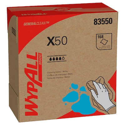 WypAll GeneralClean X50 Cloth Cleaning Wipers, 12.5 x 9.1, White, 168 Wipers/Box, 10/Carton (83550)