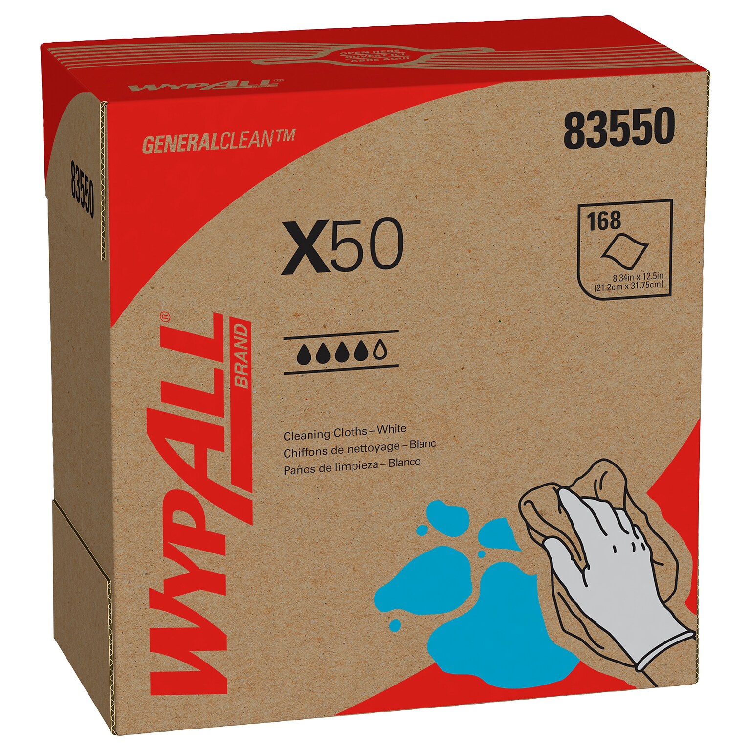 WypAll GeneralClean X50 Cloth Cleaning Wipers, 12.5 x 9.1, White, 168 Wipers/Box, 10/Carton (83550)
