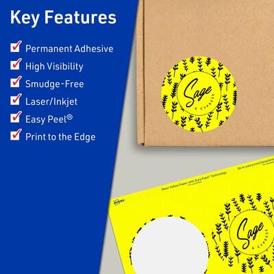 Avery Laser/Inkjet Round Multipurpose Labels, 3.5 Dia., Neon Yellow, 160/Pack (94514)
