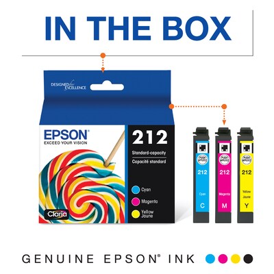 Epson T212 Cyan/Magenta/Yellow Standard Yield Ink Cartridge, 3/Pack (T212520-S)