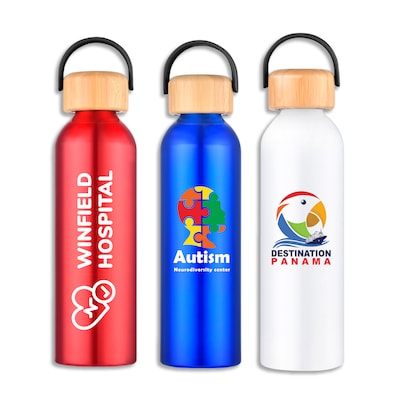 Custom Juno Recycled Aluminum Water Bottle with Bamboo Lid 24 oz