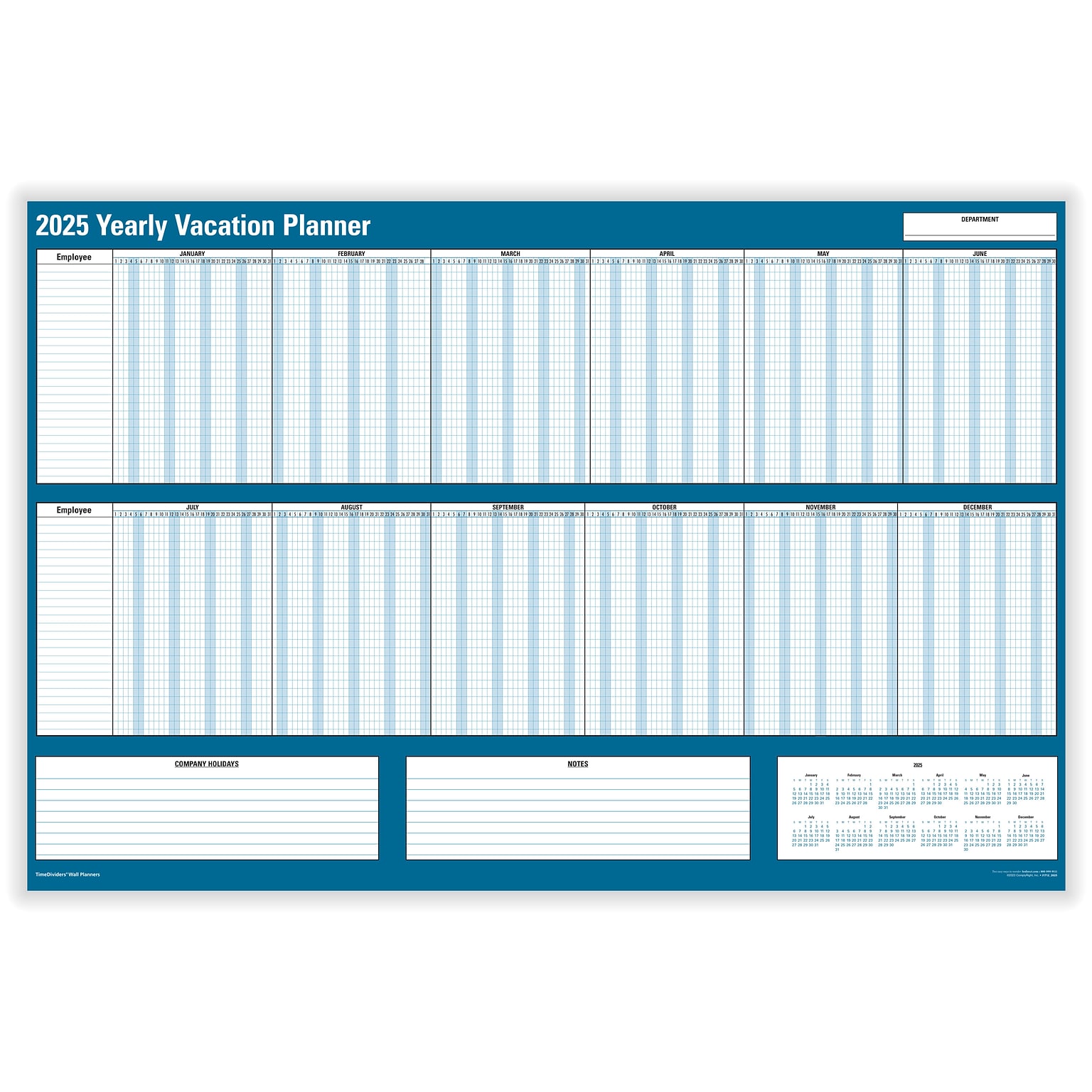 2025 ComplyRight 36 x 24 Yearly Dry Erase Wall Calendar, Vacation, Blue/White (J1712)