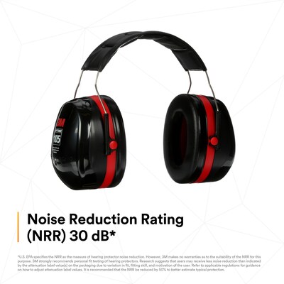 3M Peltor Optime 105 Over-the Head Earmuffs, 27 dB, Black/Red (H10A)