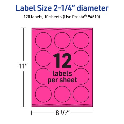 Avery Laser/Inkjet Round Multipurpose Labels, 2.25" Dia., Neon Magenta, 120/Pack (94510)
