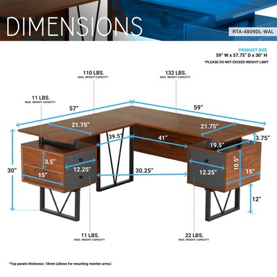 Techni Mobili 59" L-Shaped Desk with Drawers and File Cabinet, Walnut/Black (RTA-4809DL-WAL)