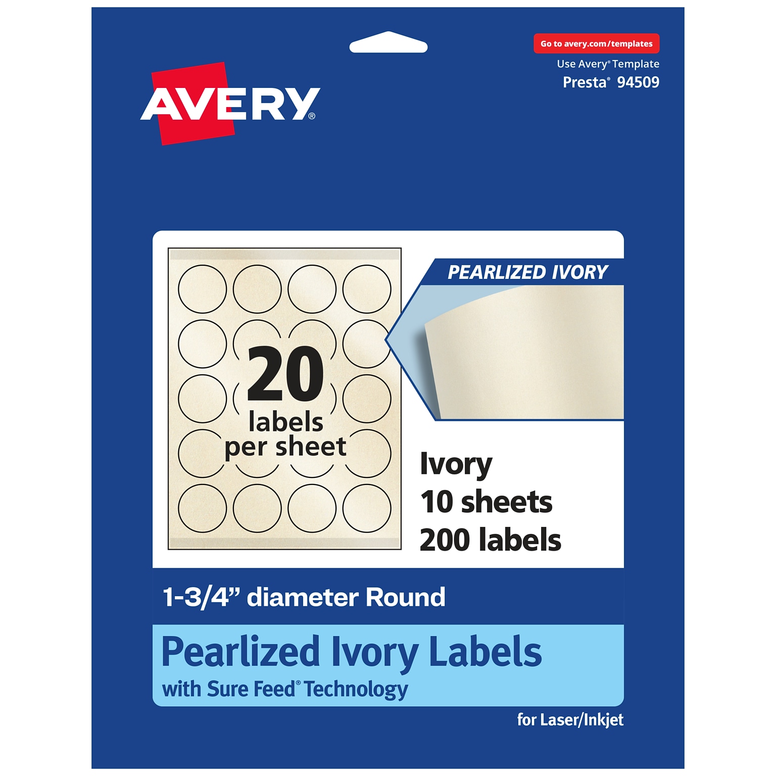 Avery Pearlized Ivory Circle Multipurpose Labels, 1.75 Dia., Ivory, 200/Pack (94509)