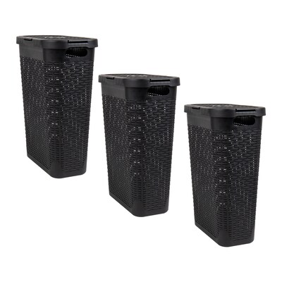 Mind Reader 10.5 Gallon Hamper with Lid, Plastic, Black, 3/Pack (3PKHAMP40-BLK)
