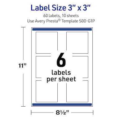 Avery Square Laser/Inkjet Multipurpose Labels, 3" x 3", White, 60/Pack (19479370986)