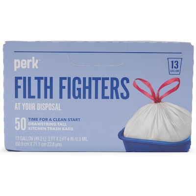 Perk™ 13 Gallon Kitchen Trash Bag, 28 x 24, Low Density, 0.9 mil, White, 50 Bags/Box, 6 Boxes/Cart