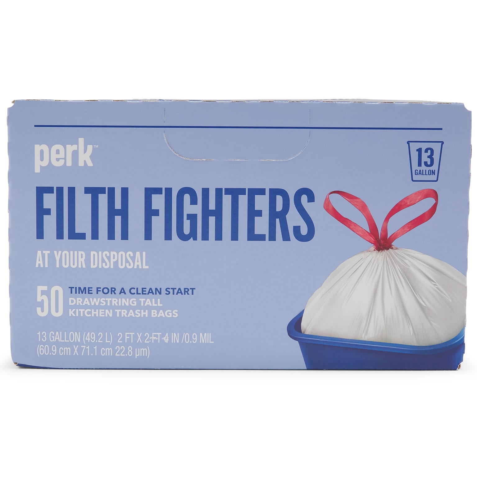 Perk™ 13 Gallon Kitchen Trash Bag, 28 x 24, Low Density, 0.9 mil, White, 50 Bags/Box (PK56745)
