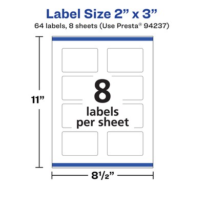Avery Laser/Inkjet Rectangle Multipurpose Labels, 2" x 3", Matte White, 64 Labels/Pack (94237)