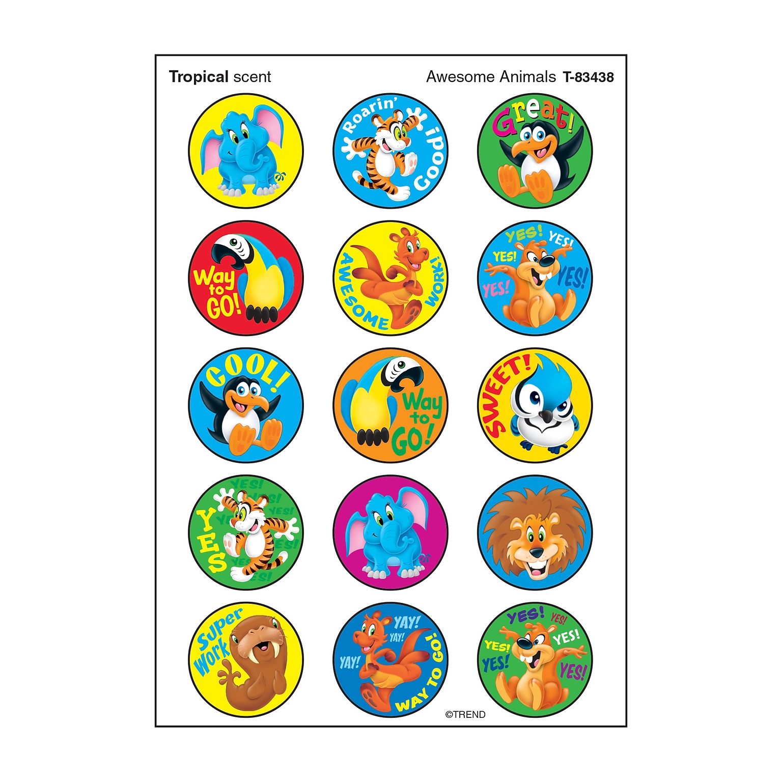 Trend Awesome Animals Tropical Scent Stickers, Assorted Colors, 60 Stickers/Pack, 6 Packs/Bundle (T-83438)