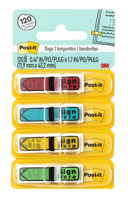 Post-it Sign Here Message Flags, .5 Wide, Assorted Colors, 120 Flags/Pack (684-SH)