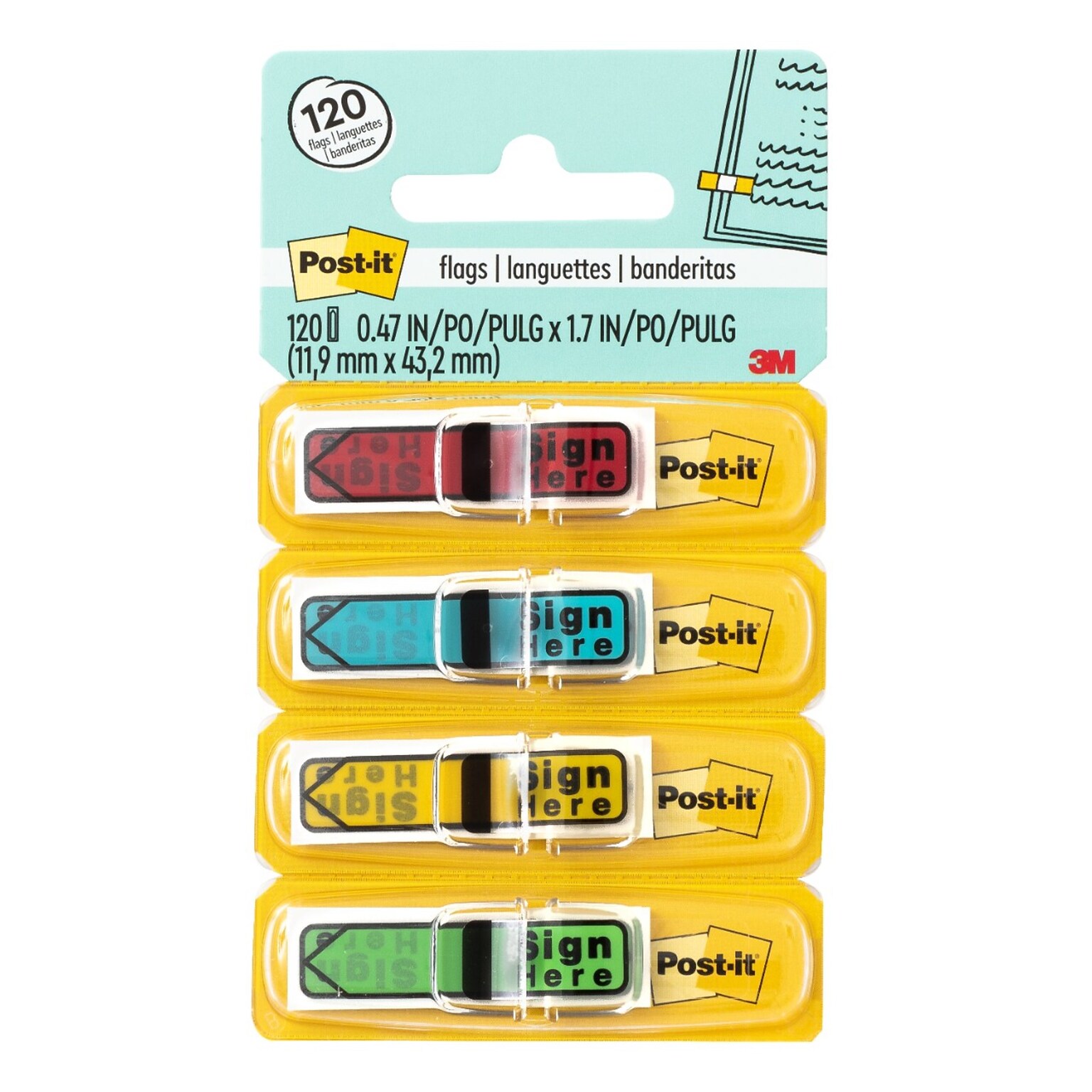 Post-it Sign Here Message Flags, .5 Wide, Assorted Colors, 120 Flags/Pack (684-SH)