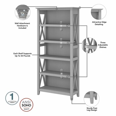 Bush Furniture Key West 66"H 5-Shelf Bookcase with Adjustable Shelves, Cape Cod Gray Laminated Wood, 2/Set (KWS046CG)