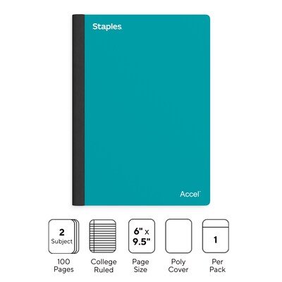 Staples Premium 2-Subject Notebook, 6 x 9.5, College Ruled, 100 Sheets, Teal (ST58328)