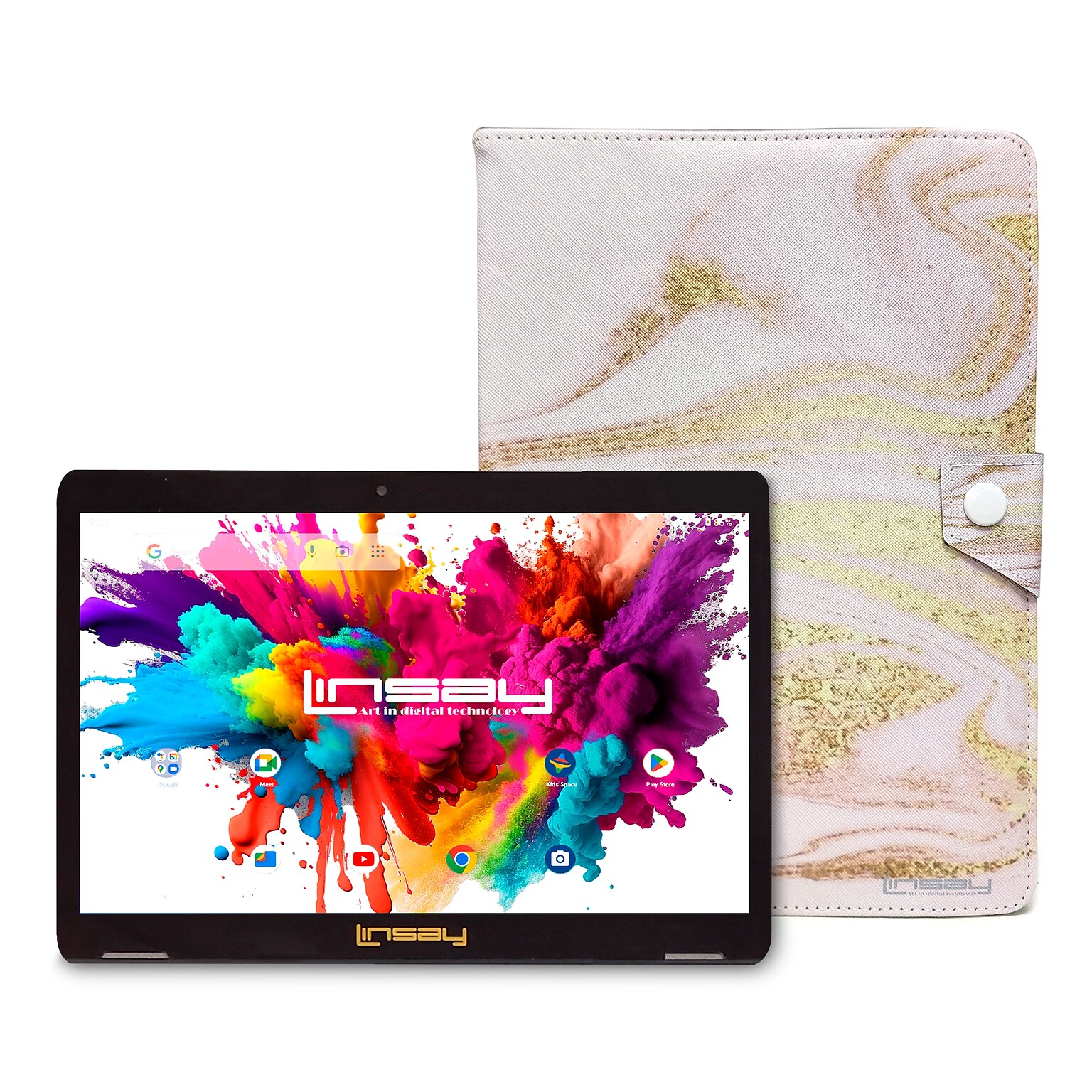 Linsay Octa Core 10.1 Tablet, 4GB RAM, 128GB Storage, Android 13, Bundled with Pink Glaze Marble Case and Stylus Pen