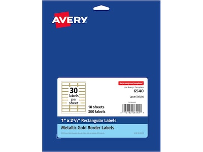 Avery Laser/Inkjet Address Label, 1 x 2.63, Matte White/Gold, 30 Labels/Sheet, 10 Sheets/Pack (654