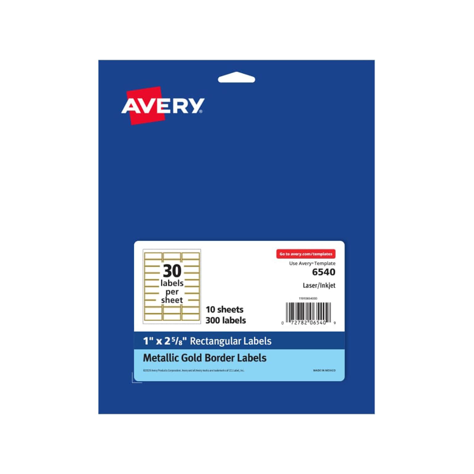 Avery Laser/Inkjet Address Label, 1 x 2.63, Matte White/Gold, 30 Labels/Sheet, 10 Sheets/Pack (6540)