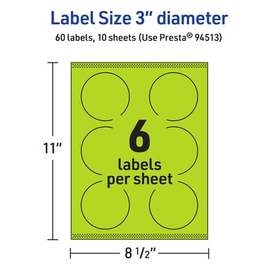 Avery Laser/Inkjet Multipurpose Circle Labels, 3" Dia., Bright Green, 60/Pack (94513)