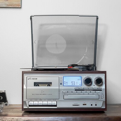 Victor Cosmopolitan Dual-Bluetooth Belt-Drive 8-in-1 Music Center with Turntable, CD & Cassette Player, Espresso (VWRP-4200-ES)